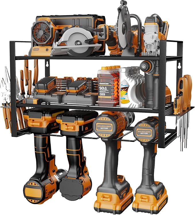 Power Tool Organizer, Wall Mount for 4 Drills, 3 Layer Duty Metal Tool Rack with Screwdriver and Hammer Holder, Work Shop,Garage Storage,150Lbs Load Capacity