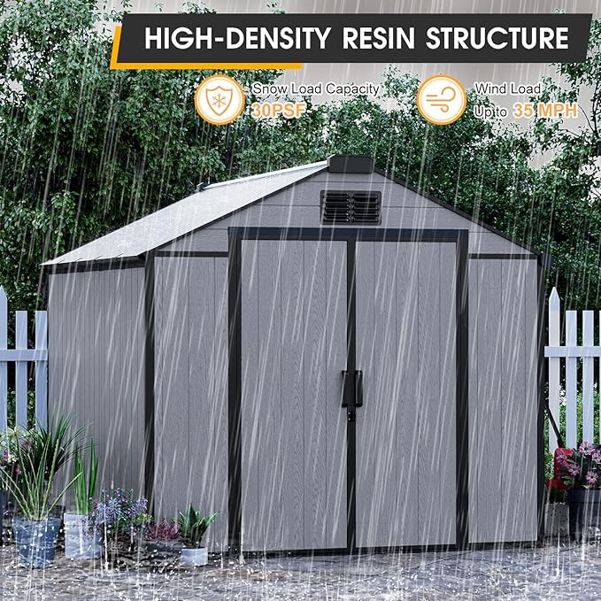 MELLCOM 8 x 10 FT Resin Garden Storage Shed with Floor and Lockable Door, Outdoor Storage Shed with Windows, Resin Tool Shed for Pool Supply, Lawnmower,Bike