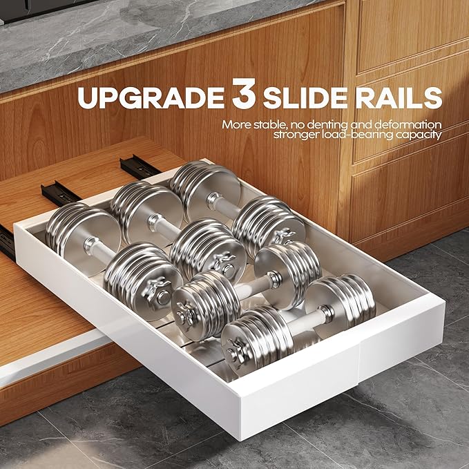 4 Pack Expandable Width (9"-14.1") Pull Out Cabinet Organizer 21" Deep with Raising Pad for Framed Cabinets, Upgrade 3 Slide Rails Slide Out Drawers, Roll Out Shelves Adhesive, White