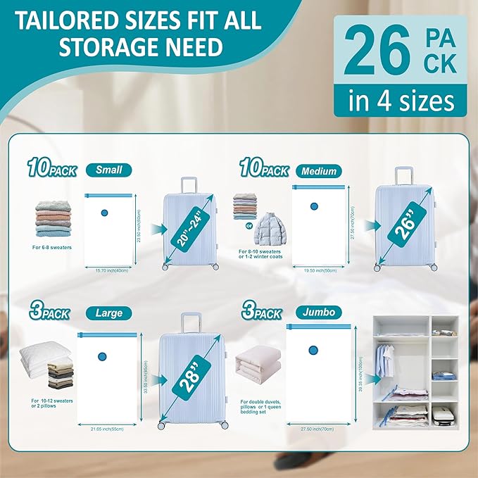 Cozy Essential 26 Pack Vacuum Storage Bags with Portable Rechargeable Wireless Electric Pump, Vacuum Seal Space Saver Bags for Clothing, Pillows, Blanket, Bedding, Comforters