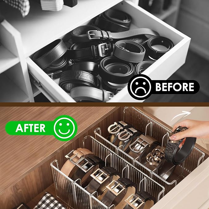 HAYVAN 2-Pack Acrylic Belt Organizer for Closet & Drawer - 8 Detachable Compartments, Clear Belt Holder Display Fits Most Sizes, Storage for Ties, Bows, Jewelry (Space-Saving Design)