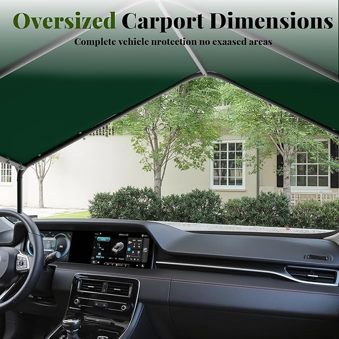 Carport, 10‘ x 20’ Heavy Duty Portable Garage All-Season Car Canopy, Outdoor Garage Boat Shelter Carport Canopy Party Tent w/Water-Resistant Tarp for Backyard (Green, 10' x 20' /no Side)