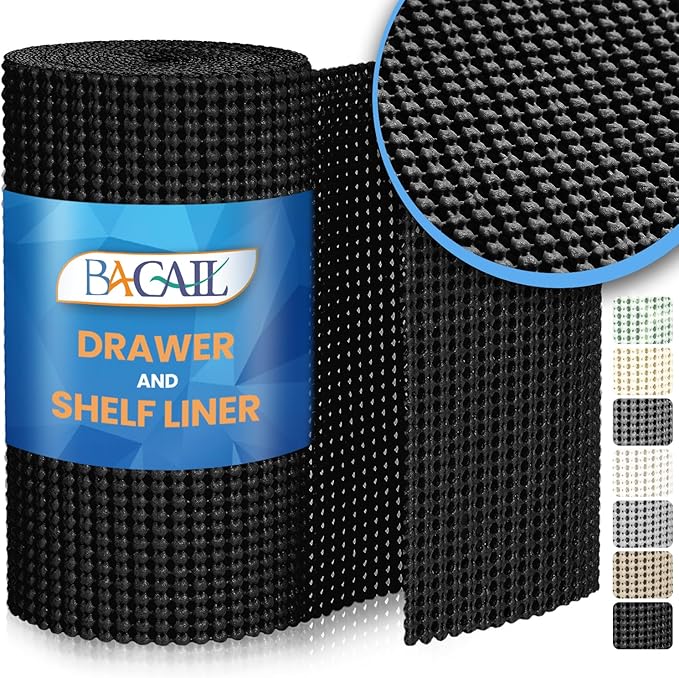 BAGAIL Drawer and Shelf Liner, 17.5 in X 20 Ft Non-Adhesive Shelf Liners for Kitchen Cabinets, Thick Strong Grip Liners for Desk, Shelves, Bathroom Drawers, Cabinet Protection - Black