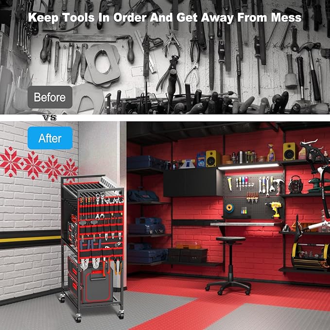 JUNNUJ Large Power Tool Organizer Cart with Charging Station, Garage Floor Standing Rolling Drill and Tools Battery Storage Cart on Wheels, Heavy Duty Utility Rack with 8 Outlet 10 FT Power Strip, Red