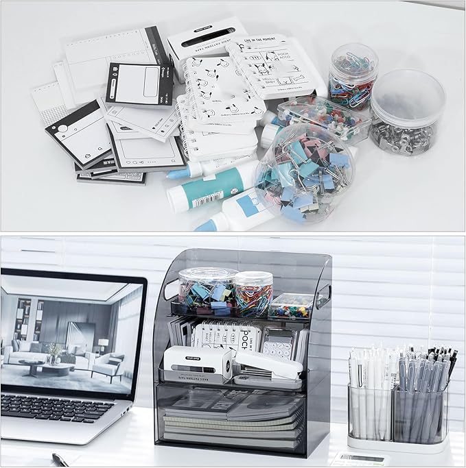 FABROK 3-Layer Desk Organizer with Drawer, Clear Office Supplies and Desk Accessories Organizer with Handle, Desktop Organizer and Storage for Stationery（Gray）