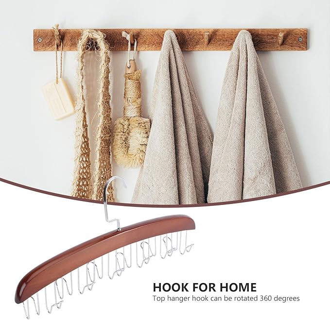 Cabilock Multi-Functional Belt and Tie Organizer Rack with 12 Swivel Hooks, Vintage Wooden Closet Hanger for Men’s Belt Storage and Tie Holder, Space-Saving Accessory Organizer for Bedroom