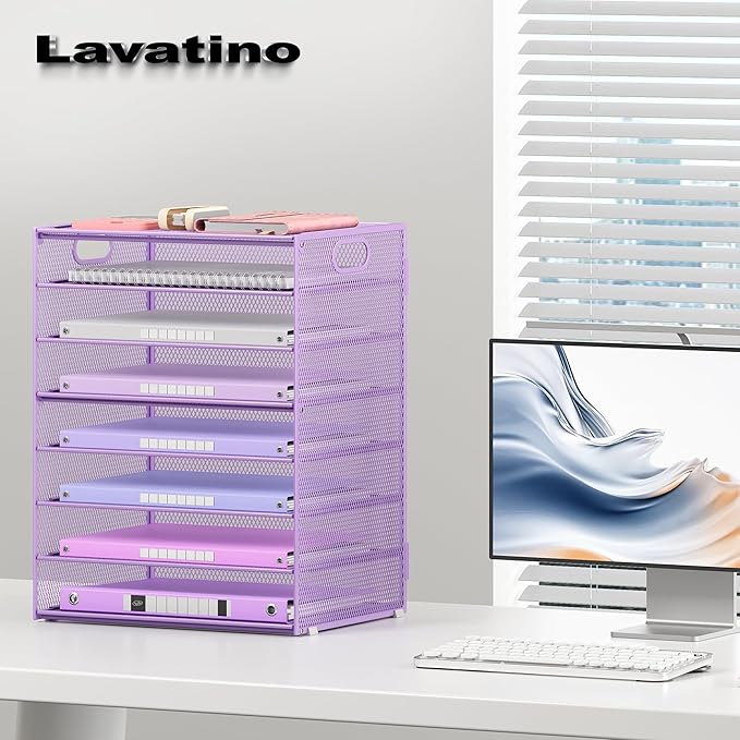 Lavatino 8-Tier Office Desk File Organizer, Letter Tray Paper Organizer with Handle, Including 5 Adjustable Slide Trays for Organizing Desktop Workspace Accessories and Supplies (Purple Metal Mesh)