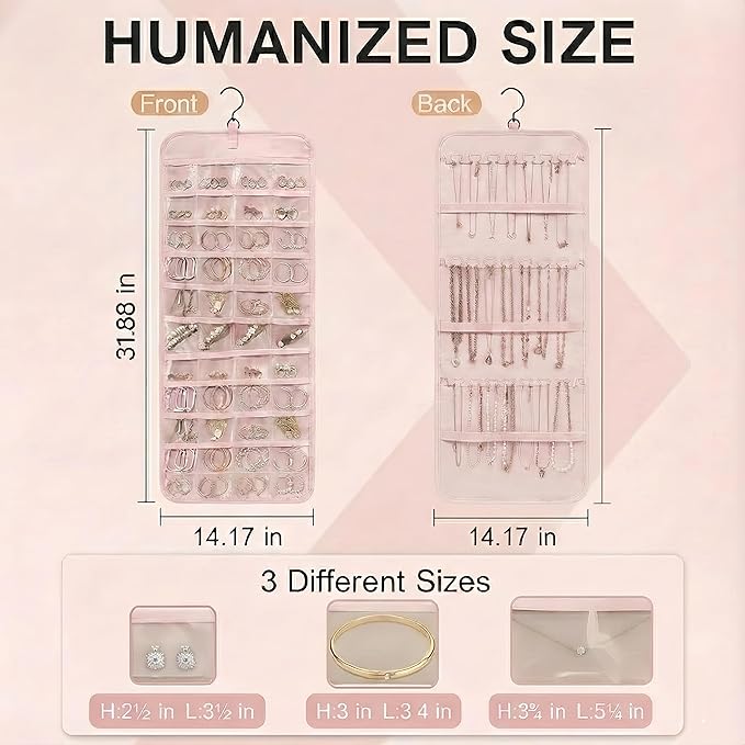 Hanging Jewelry Organizer- Dual-Sided Necklace Holder Wall Mount & Over The Door Closet Storage - Pockets Large Capacity Accessory Holder for Earrings, Rings, Bracelets - 360° Rotating (1, Pink, XL)