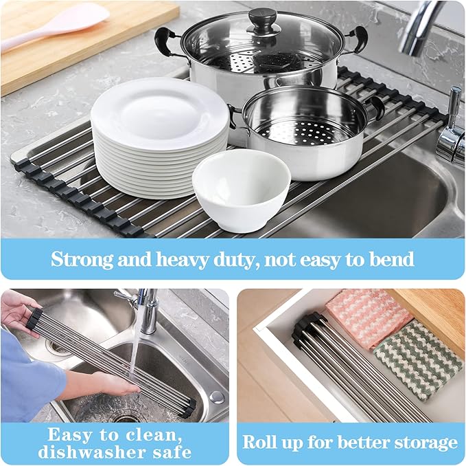 Seropy Roll Up Dish Drying Rack Over The Sink Drying Rack for Kitchen Counter, Rolling Dish Rack Over Sink Mat, Foldable Dish Drainer Stainless Steel Rack Kitchen Organization Gadgets 20.5"x11.8"