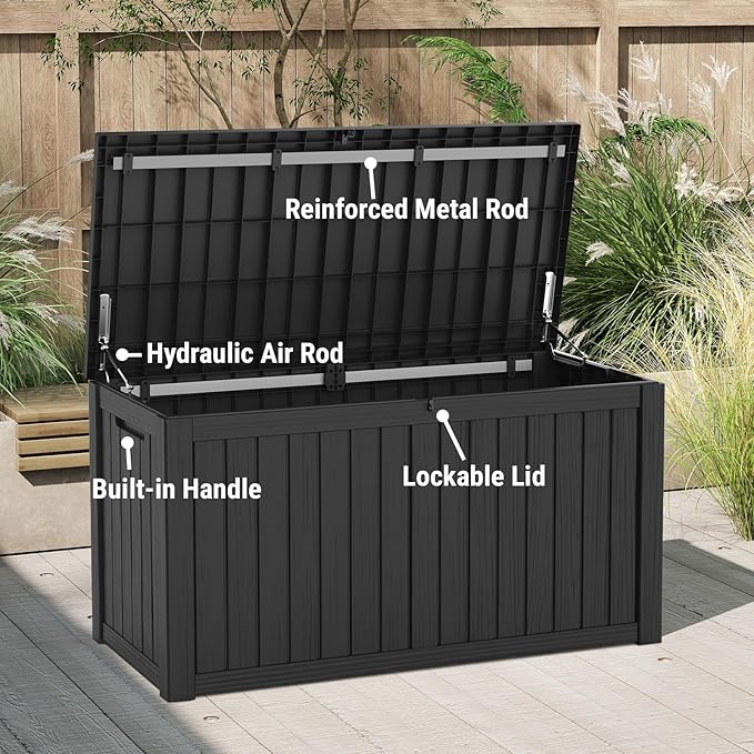 Mars Villa 150 Gallon Outdoor Storage Box, Large Resin Deck Box, Waterproof Storage Bin with Lockable Lid, Ideal for, Outdoor, Patio Furniture Cushions, Pool Supplies, Garden Tools, Black