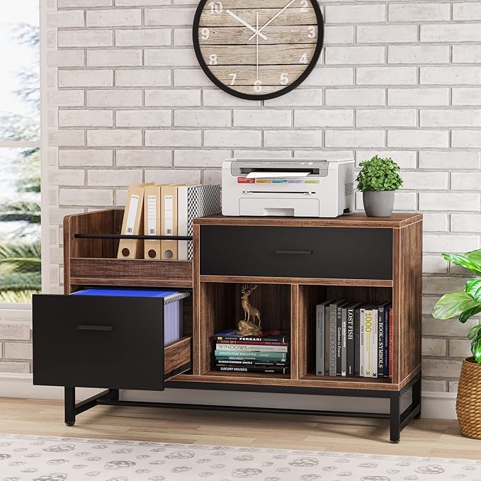 LITTLE TREE 39-Inch File Cabinet with 2 Drawers, Small Lateral Filing Cabinet Under Desk Storage, Wood Printer Stand with Open Storage Shelves for Home Office Organization