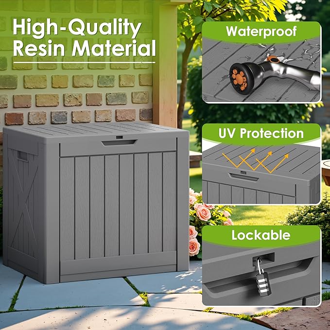 Greesum 40 Gallon Outdoor Deck Box with Lock, Resin Storage Chest for Patio Furniture Cushions, Garden Tools, Pool Toys, Waterproof & UV Resistant, Large Capacity, Gray