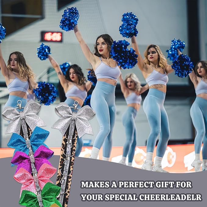 ALIBBON Cheer Bow Holder Glitter Silver Leopard Print Hair Bow Holder Cheer Keychain for Cheerleading Backpack Bag Cheerleader Gifts Sports Cheerleading Bows Storage Hanging Ribbon Chain with 5 Clasps
