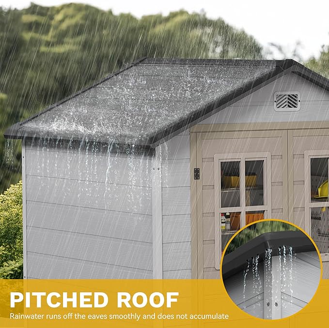 DWVO 6x4.4 FT Outdoor Storage Shed, Plastic Garden Tool Shed with 2 Windows, Double-Wall Outside Shed for Lawn Mower, Garden Tool for Backyard Patio, Lockable, Greige&Gray