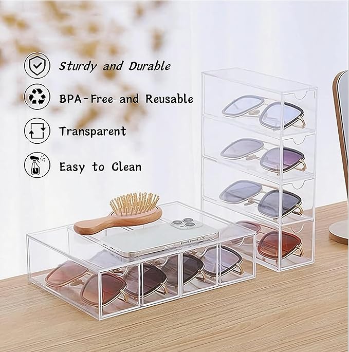 KNC Acrylic Eye Glass Storage Organizer Box with 4 Clear Divided Drawers for Sunglasses Stackable Cosmetic Jewelry Makeup Tabletop Coffee Pod Display Organizer Holder（Clear