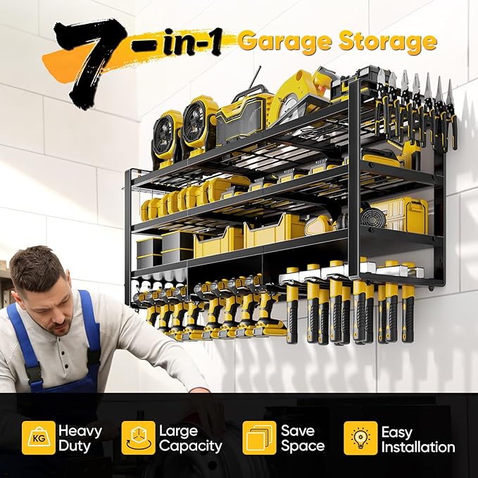 49" W Large Power Tool Organizer Wall Mount, 4 Layer Heavy Duty Loads 800 lbs, Tool Rack Holds 12 Cordless Drills, Large Capacity Battery Holder for Garage Storage, Christmas Gift for Men