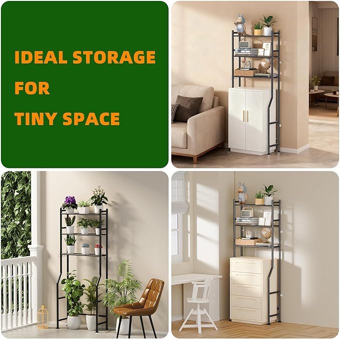 3-Tier Over The Toilet Storage, Space Saver Metal Bathroom Shelves, Freestanding Above Over Toilet Storage Shelf with 4 Hooks for Bathroom, Snow Black
