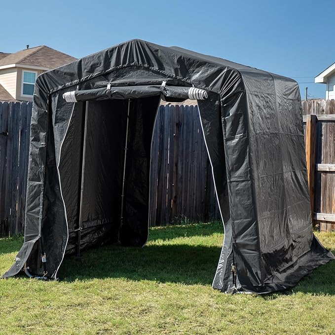 CHARMELEON 8x8FT Heavy Duty Outdoor Storage Shelter,Portable Garage Shelter for Garden Tool Motorcycle Bike,All-Steel Metal Frame Storage Tent with Dual Doors&Thickened Fabric (Dark Gray)