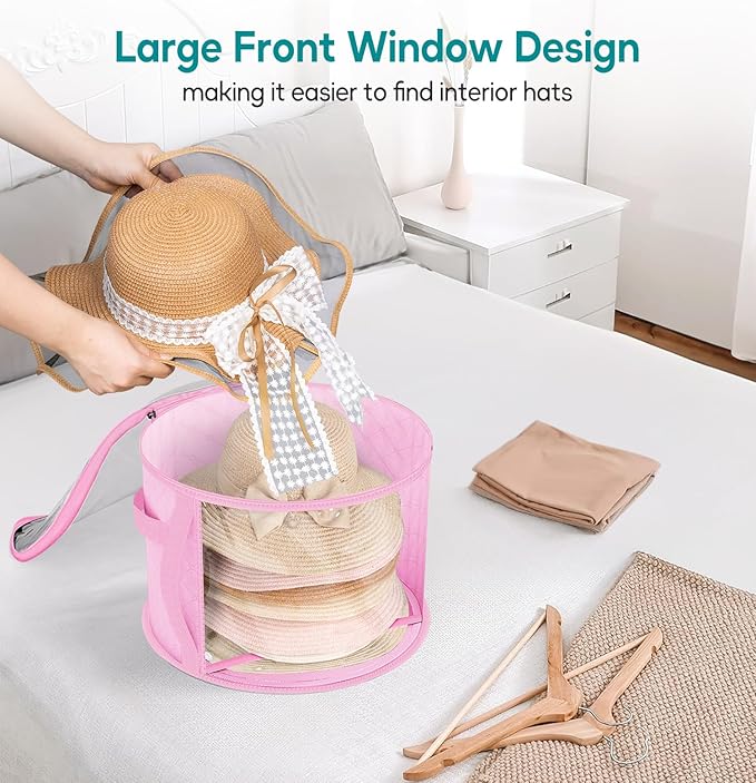 AOODA Oversized Clear Hat Storage Bag for Women, Holds up to 7 Caps Cowboy Hat Organizer for Closet, Wide Brims Hat Case with Carrying Handles (Pink)