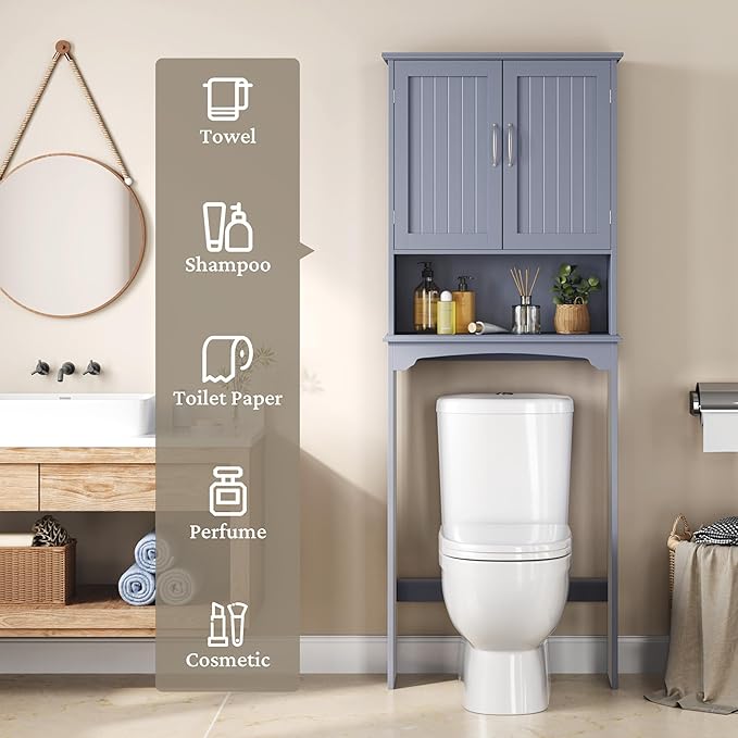 Yaheetech Over The Toilet Bathroom Cabinet with 2 Doors & Adjustable Shelf, Free Standing Toilet Rack Space-Saving, L24.5xW9xH66 Inches, Grey