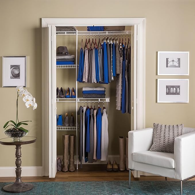 Rubbermaid Full Closet Organization Shelf System, Direct Wall Mount, Adjustable from 3-5 Ft., Mounting Hardware Kit Included, White, Wire Shelving Organizer System for Home/Laundry/Mudroom/Pantry