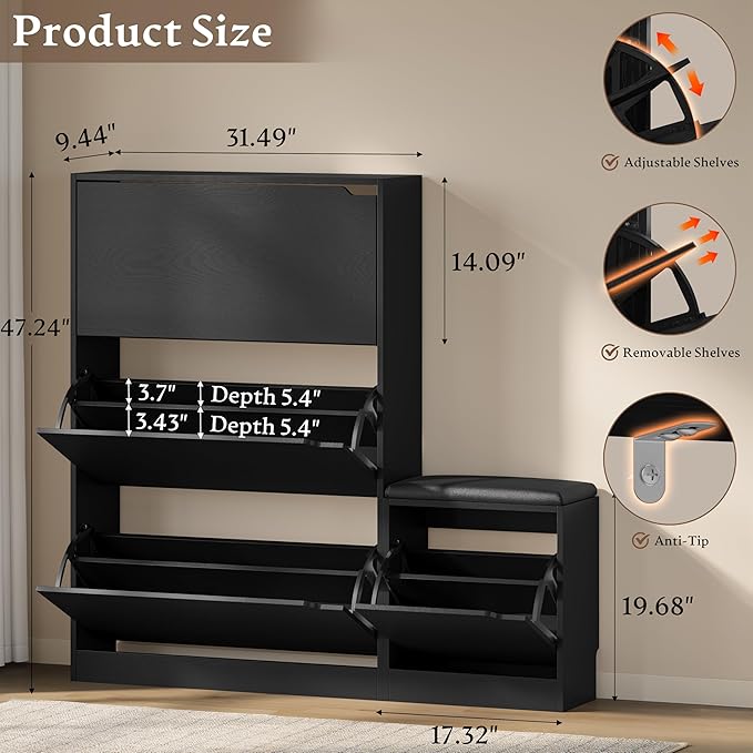 Shoe Cabinet with Bench and 3 Flip Drawers, Slim Narrow Shoe Storage Cabinet, Freestanding Shoe Rack Organizer with Adjustable & Removable Shelves, Anti-Tip for Entryway, Hallway, Foyer