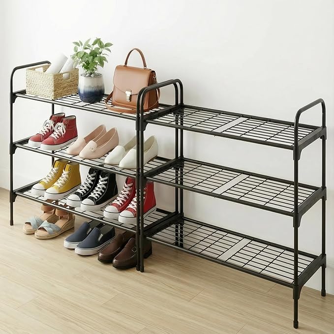 3-Tier Shoe Rack Organlzer, Rustproof lron, Spaclous Shoe Storage Shelf for Closet or Entryway, Fits Sneakers & Slippers, Black