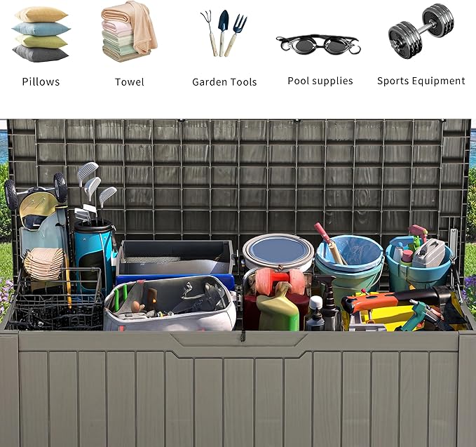 YITAHOME Outdoor Storage Box, 120 Gallon Waterproof Deck Box for Garden Tools, Patio Cushions, and Pool Accessories, Lockable, Easy Assembly, Versatile Bench or Table (Light Brown)