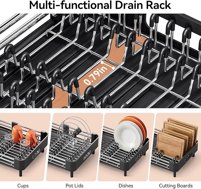 Stainless Steel Dish Drying Rack - Dish Drainer for Kitchen Counter, Extendable Drainboard with Foldable, Space-Saving Cup & Bowl Organizer, Includes Knife and Utensil Holder, Black