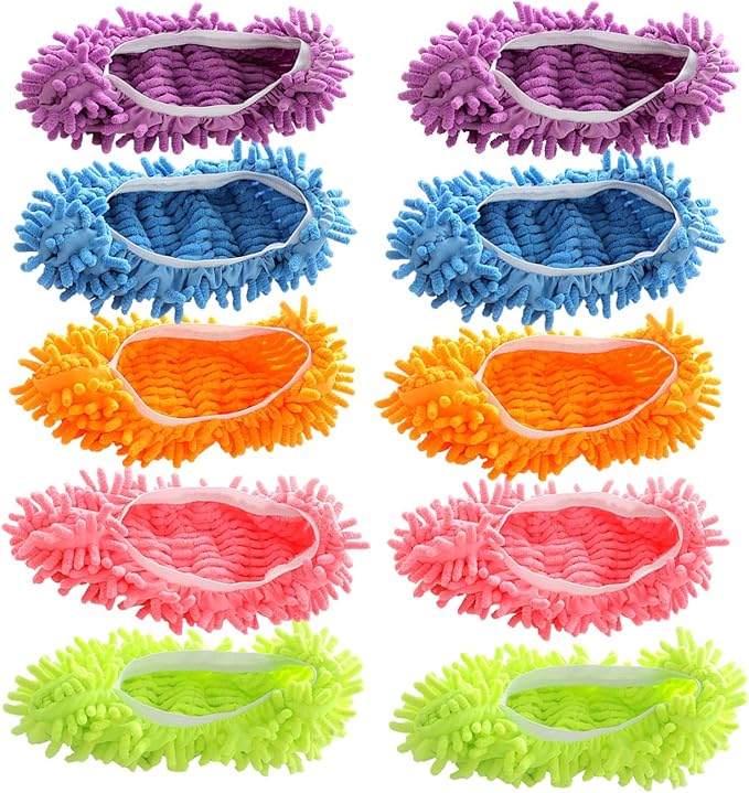 Acronde 5Pairs Multi Function Duster Mop Slippers Shoes Cover Chenille Fiber Washable Foot Socks Floor Cleaning Tools Shoe Cover for Bathroom, Office, Kitchen, House Polishing Cleaning