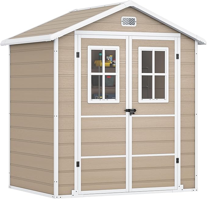 DWVO 6x4.4ft Outdoor Storage Shed, Plastic Garden Tool Shed with 2 Vision Windows, Double-Wall Outside Shed for Mower Lawn, Garden Tool for Backyard Lawn Patio, Lockable, Beige