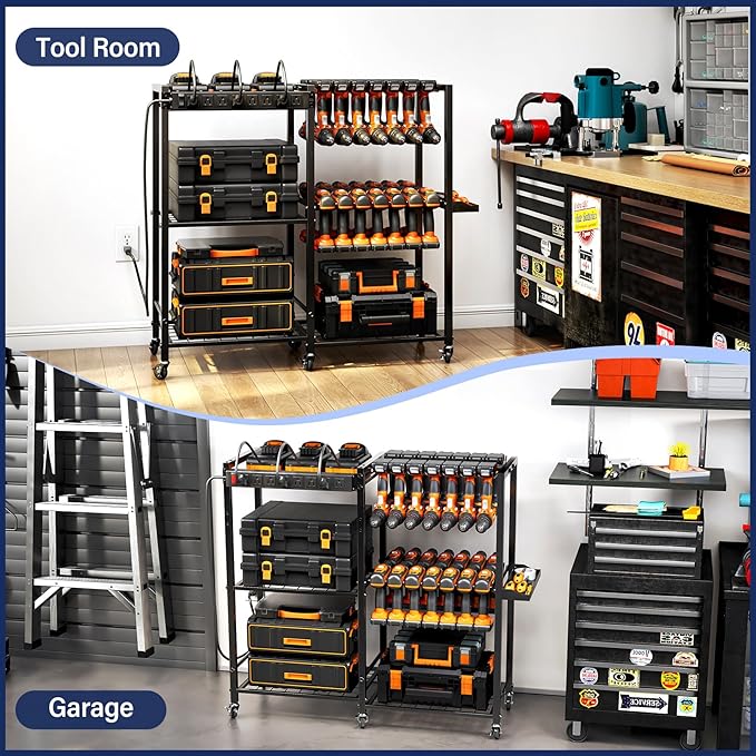 TC-HOMENY Power Tool Organizer Cart with Charging Power Strip, 28 Drill Tool Garage large Storage Racks with Wheels, Heavy Duty Tools Organizer Station, Festive Gifts for Men Dads