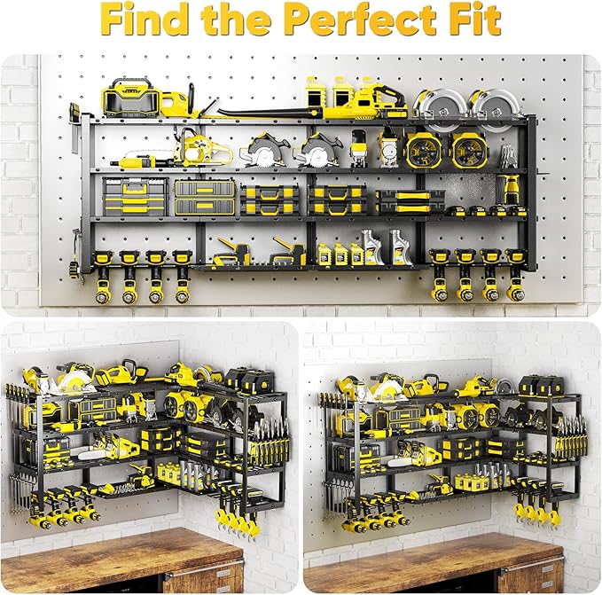 Extra Large 64" W Power Tool Organizer Wall Mount, Load 1000 lbs, Heavy Duty 4 Tier Garage Storage Rack with 8 Drill Holders, 2 in 1 Corner or Straight Installation, Gift for Men
