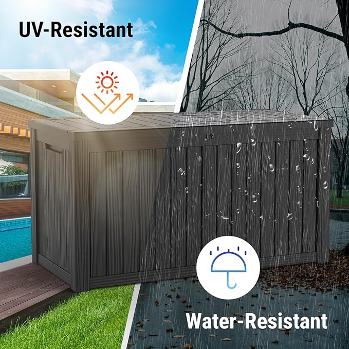 Mars Villa 150 Gallon Outdoor Storage Box, Large Resin Deck Box, Waterproof Storage Bin with Lockable Lid, Ideal for, Outdoor, Patio Furniture Cushions, Pool Supplies, Garden Tools, Black