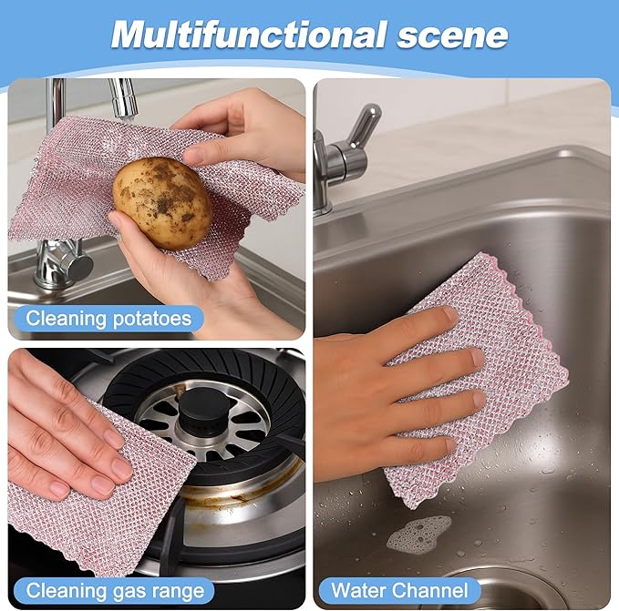 Non-Scratch Steel Wool Dishcloth - 5PC Set, Multi-Use Kitchen Scrubbers, Durable Cleaning Pads for Wet & Dry Use Grey (12pcs)