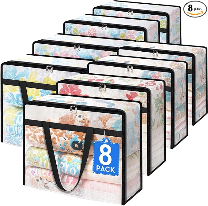 8 Pack Clear Storage Bags for Comforter, Clothes & Bedding, Plastic Blanket Storage with Zipper and Handle, Moving Bags, Closet Organizer and Under-Bed Storage (40L)