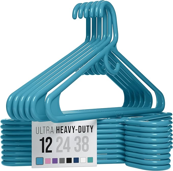 NEATERIZE Ultra Heavy Duty Plastic Clothes Hangers - Blue - Durable Coat, Suit and Clothes Hanger. Perchas De Ropa (12 Pack - Blue)