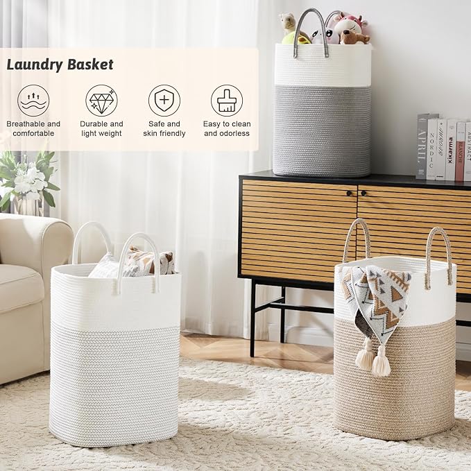 Laundry Basket,Woven Cotton Rope Laundry Hamper,Versatile Storage for Dirty Clothes,Baby Toys,and Blankets in Bathroom, Nursery,and Living Room (Brown, 100L)