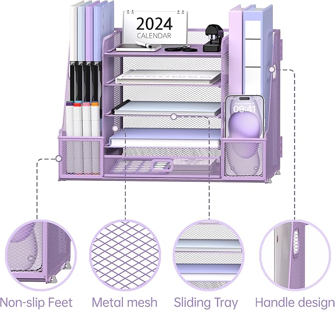 SUPEASY Mesh Desk Organizer with File Holder, 5-Tier Paper Letter Tray Organizer with Magazine Holder, Desktop Organizer and Storage with Drawer for Office Supplies Home or School (Purple)
