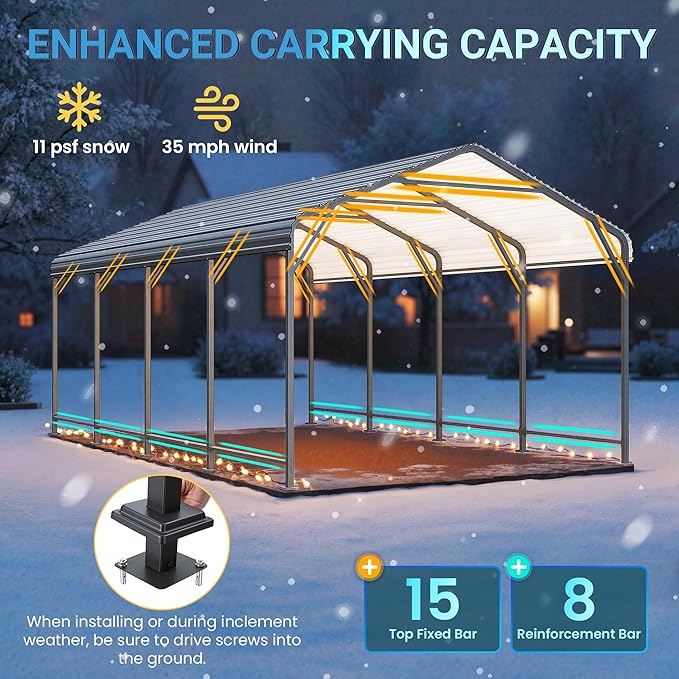 Wisteria Lane 12x20FT Metal Carport, Heavy Duty Carport Canopy with Reinforced Frame and Base for All-Weather, Outdoor Garage Car Port for Boats, Tractors, Pickup Trucks or Party, Dark Gray