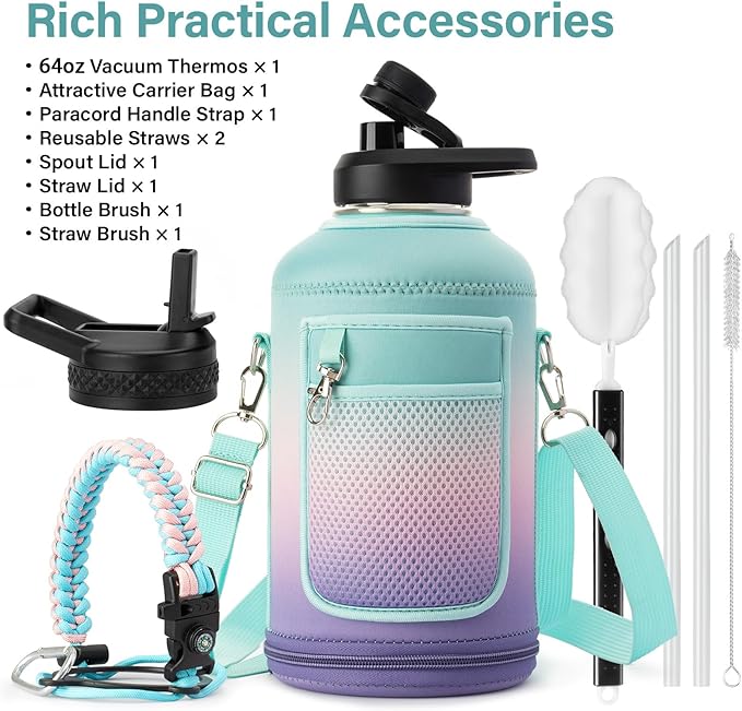 Insulated Water Bottle | Thickened Stainless Steel Vacuum Metal Portable Sports Half Gallon Large Water Jug for Gym and Hiking with Straw, Carrier Bag, Handle Strap | BPA-Free 64 oz
