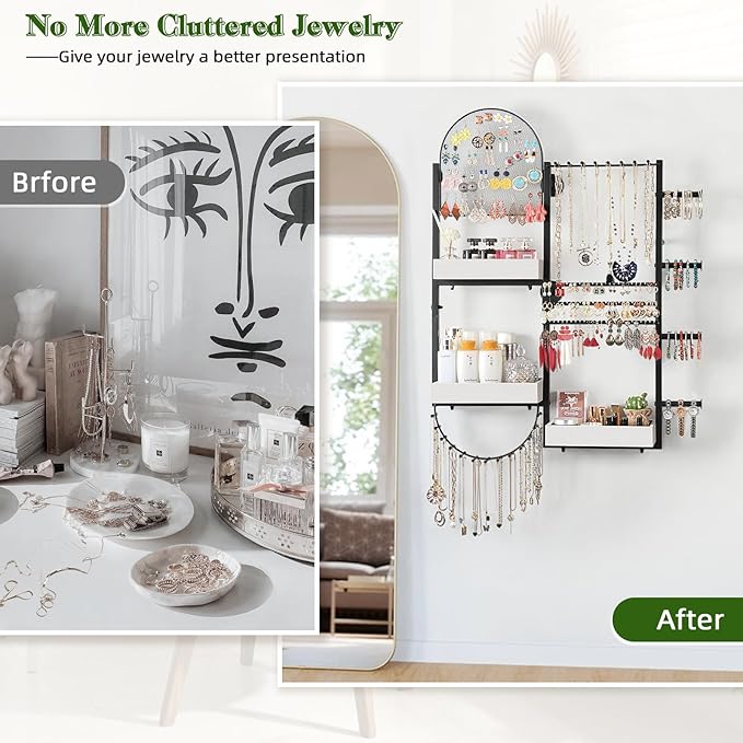 Keebofly Wall Mount Hanging Jewelry Organizer - Large Display Holder for Earrings, Rings, Necklaces, Bracelets, Watches and Perfume - White