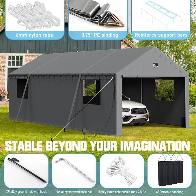 Carports Canopy 13x20 Heavy Duty, Portable Car Port Garage with Roll Up Drive Through Doors, Grey