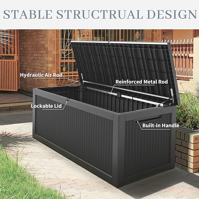 320 Gallon Outdoor Storage Box, Resin Deck Boxes Outdoor Waterproof For Patio Furniture, Garden Tools, Pool Supplies, Lockable And UV Resistant (Rattan Black)