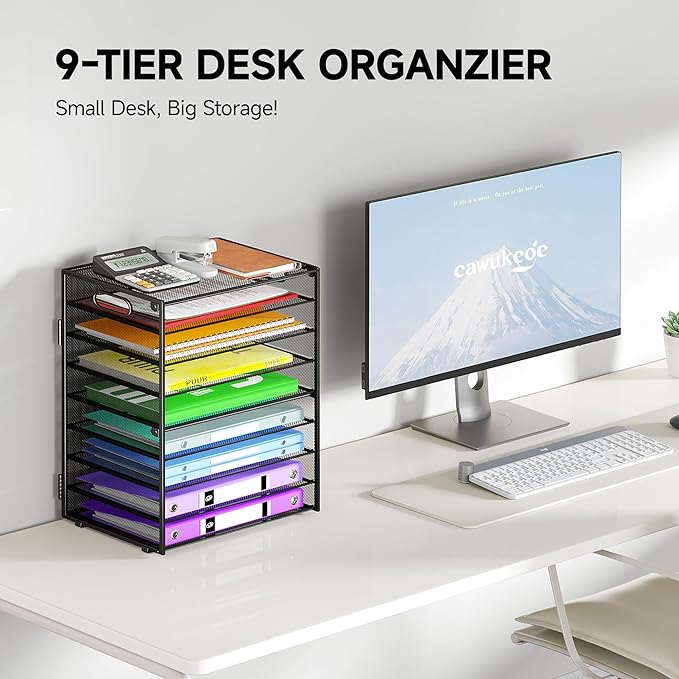 9 Tier Paper Organizer with Handle, Black Large Capacity Desk Organizer Mesh File Folder Letter Paper Tray Desktop Document Sorter for Classroom, School, and Office Accessories Organization
