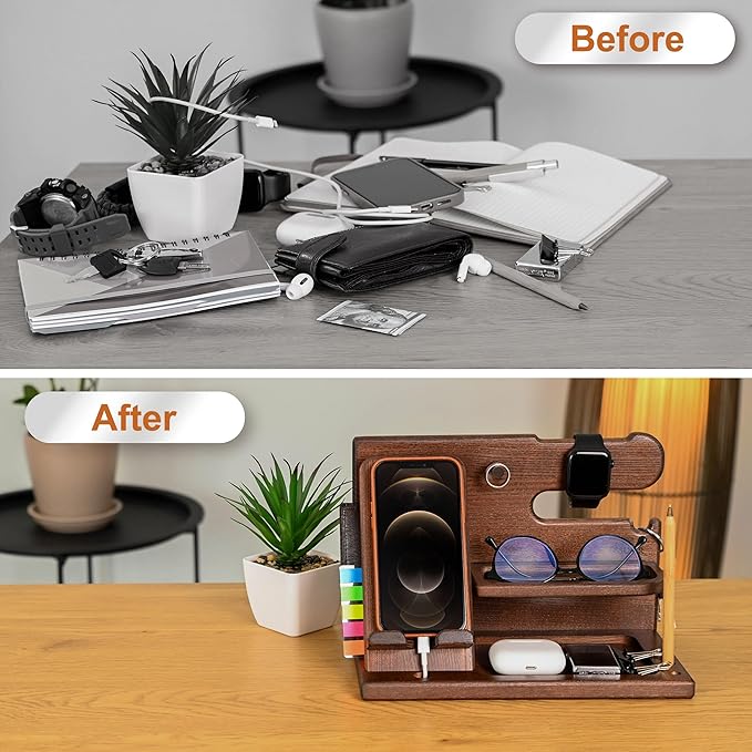 TESLYAR Wood Phone Docking Station for Men - Desk or Nightstand Organizer - Birthday Gifts for Husband, Dad - Anniversary Idea from Wife - Key Holder, Stand Wallet, Watch & Essentials (Bourbon Brown)