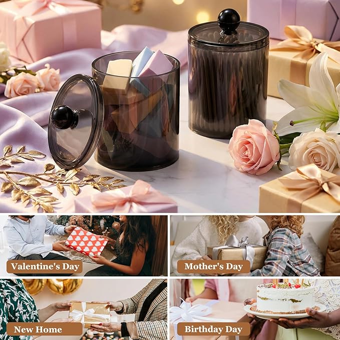 SheeChung 12 Pack Qtip Holder,Black Acrylic Apothecary Jars with Lids & Labels - (6) 10oz & (6) 12oz Qtip Holder Set,Plastic Bathroom Canisters,Minimalist Shatterproof Home Bathroom Storage Organizer