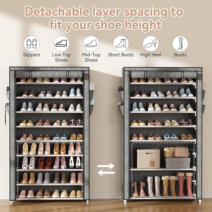 Shoe Rack with Covers 10 Tier Tall Shoe Rack Organizer Large Capacity Shoe Shelf Storage 40 Pairs Space Saving Free Standing Shoe Storage Organizer for Closet, Entryway, Dorm, Printing