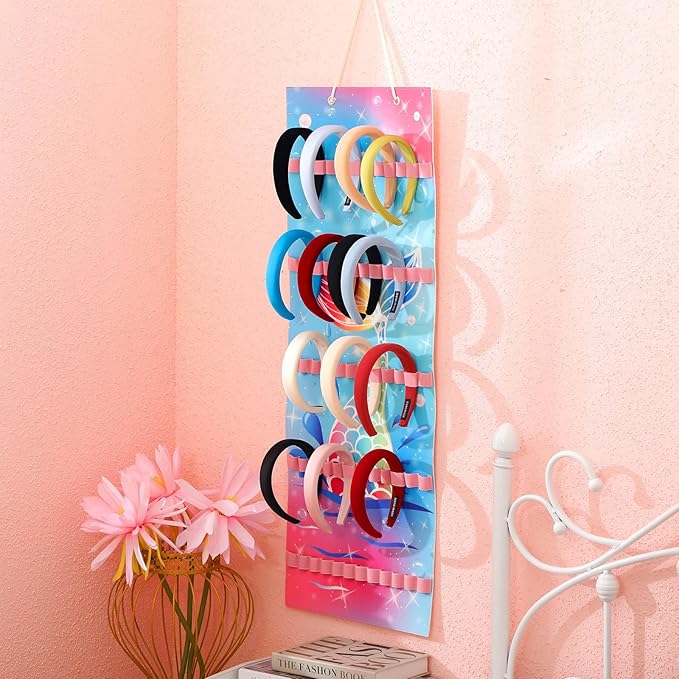 Tudomro Hanging Headband Holder for Girls Felt Hair Accessories Organizer with 60 Elastic Bands Bow Hanger for Girls Hair Bows Without Headbands(Mermaid,Bright Color)