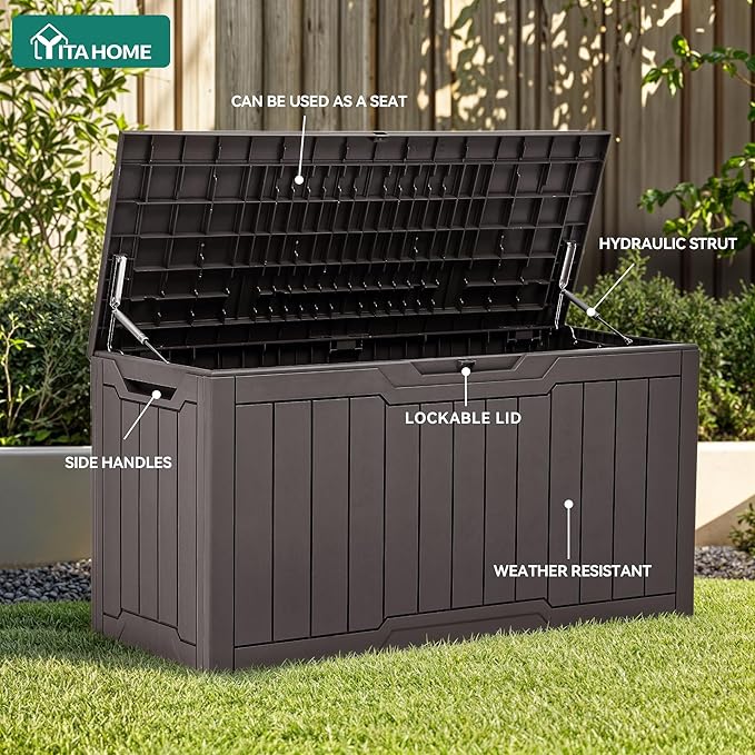 YITAHOME 80 Gallon Resin Deck Box, Weather Resistant Outdoor Storage Box, Lockable Indoor Outdoor Storage for Supplies and Essentials, Dark Brown